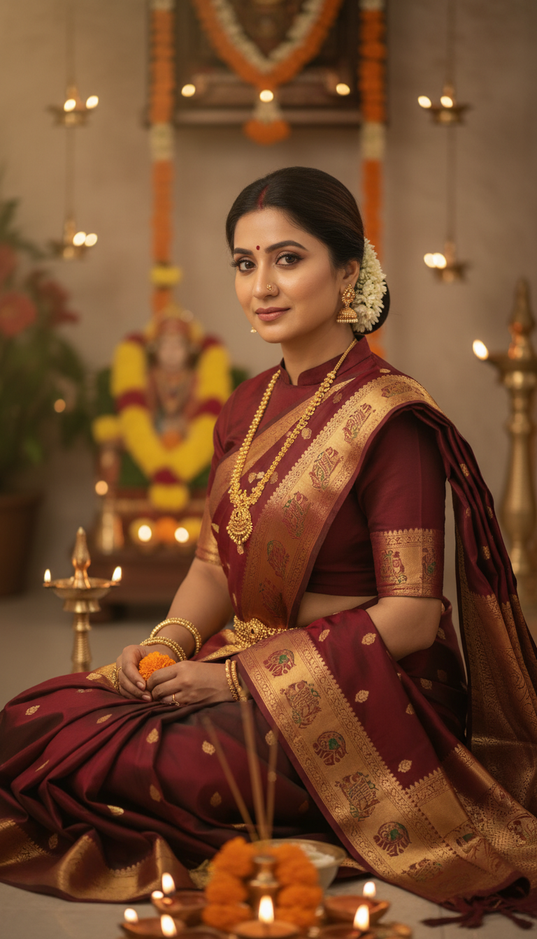 View Temple Saree Puja Ceremony - AI transformation template example full size Temple Saree Puja Ceremony - AI transformation template example