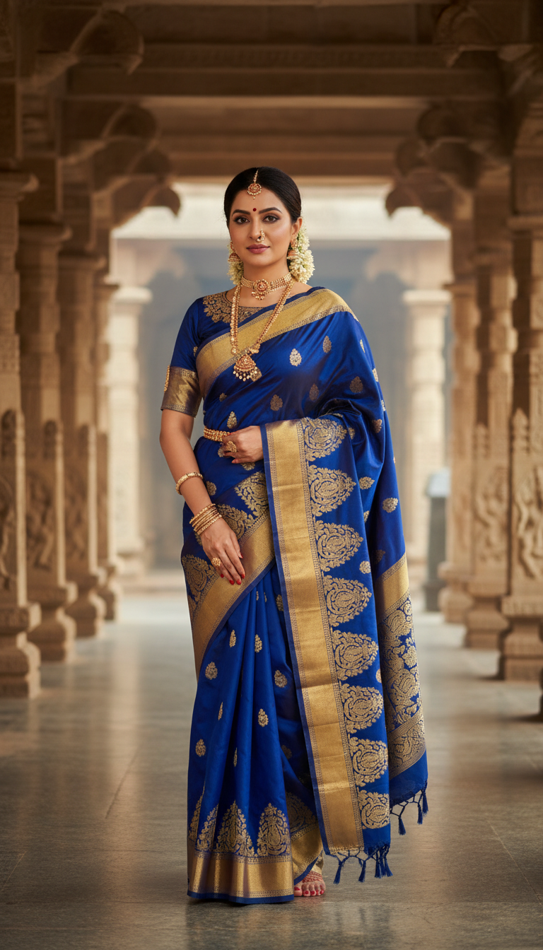 View South Indian Temple Saree in Corridor - AI transformation template example full size South Indian Temple Saree in Corridor - AI transformation template example