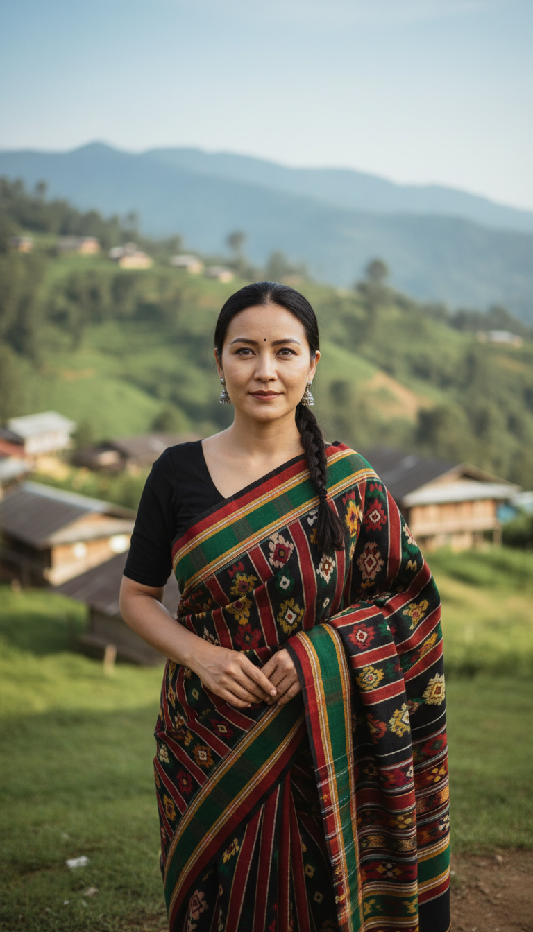 View Traditional Mizo Puan Saree on Mizoram Hillside - AI transformation template example full size Traditional Mizo Puan Saree on Mizoram Hillside - AI transformation template example