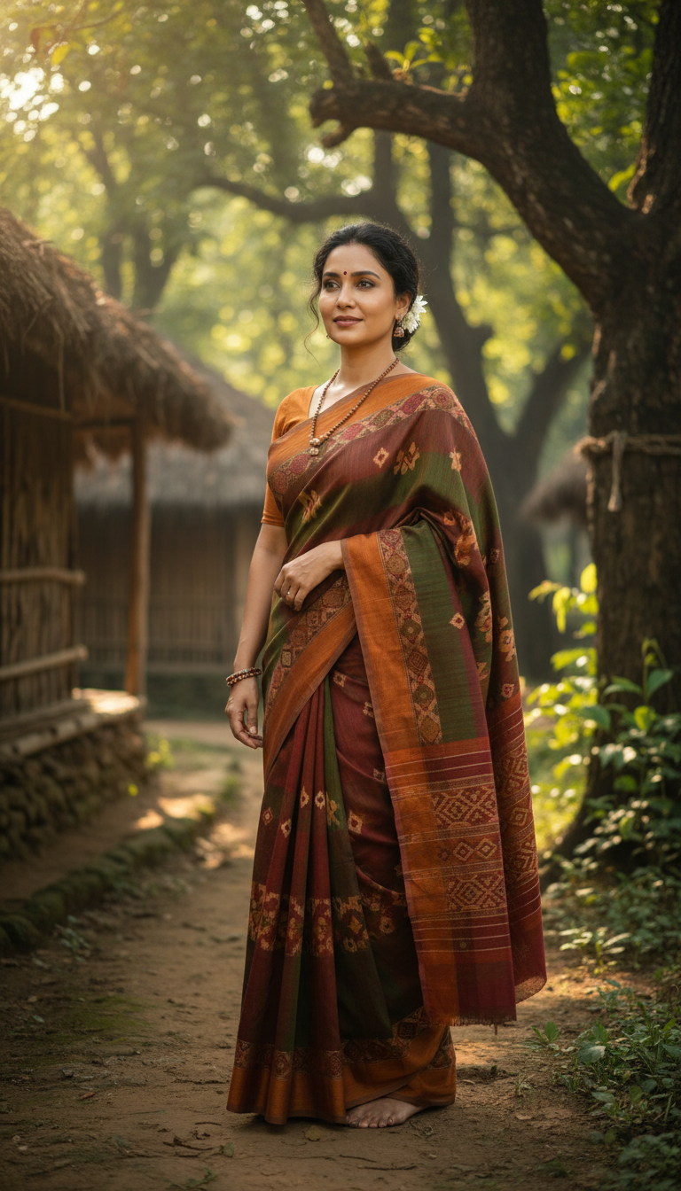 Tribal Saree in Forest Village - AI transformation template example