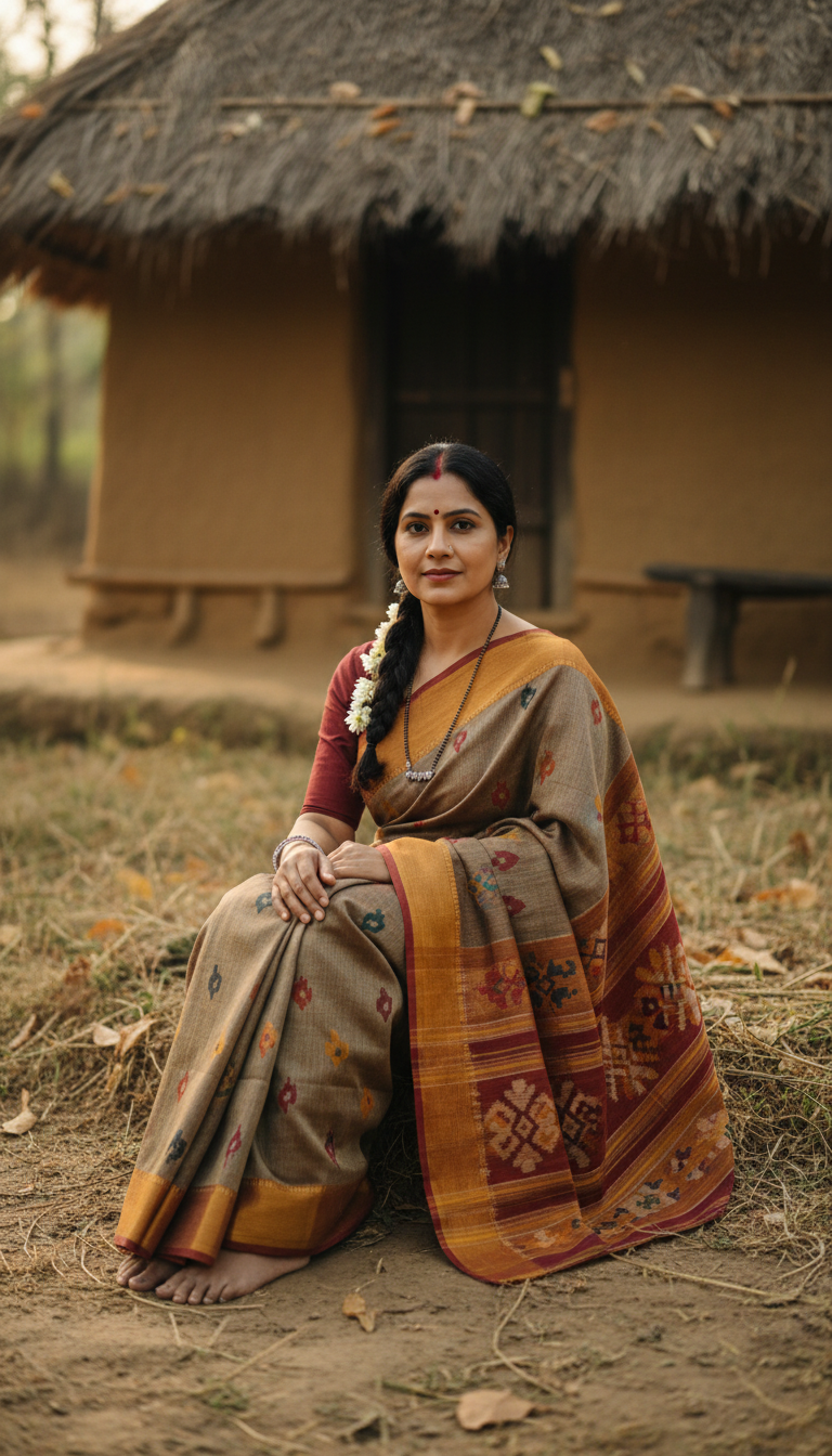 View Tribal Saree on Ground near Hut - AI transformation template example full size Tribal Saree on Ground near Hut - AI transformation template example