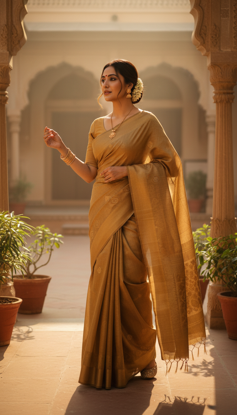View Tussar Silk Saree in Sunlit Courtyard - AI transformation template example full size Tussar Silk Saree in Sunlit Courtyard - AI transformation template example
