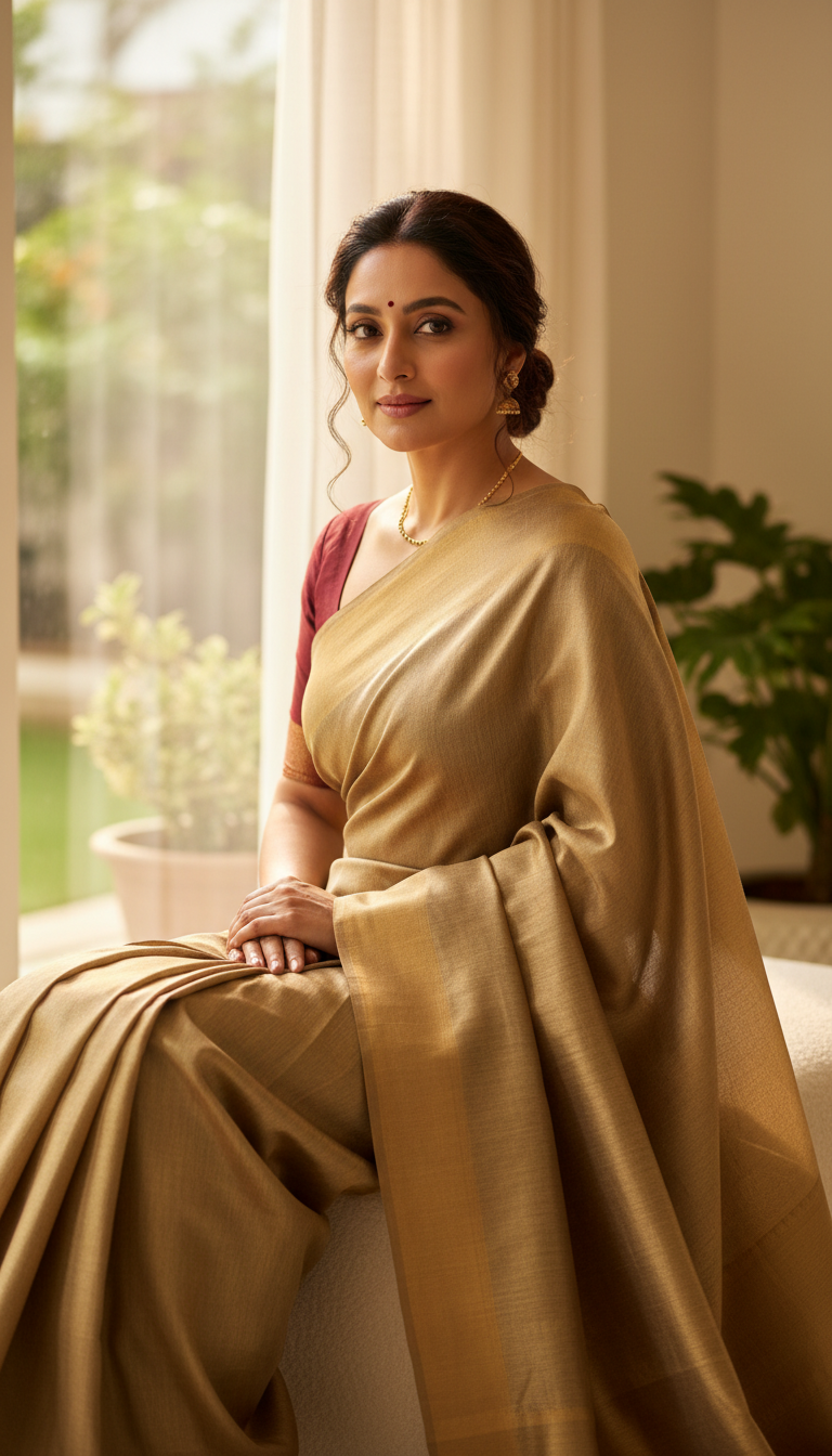 View Tussar Silk Saree by Window Light - AI transformation template example full size Tussar Silk Saree by Window Light - AI transformation template example