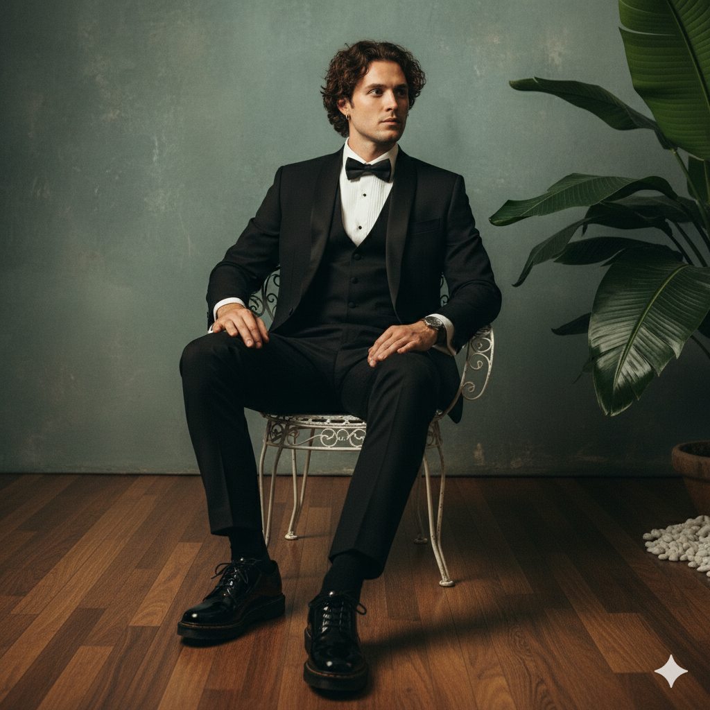 View Tuxedo & Tropicals - Formal Contrast Portrait - AI transformation template example full size Tuxedo & Tropicals - Formal Contrast Portrait - AI transformation template example