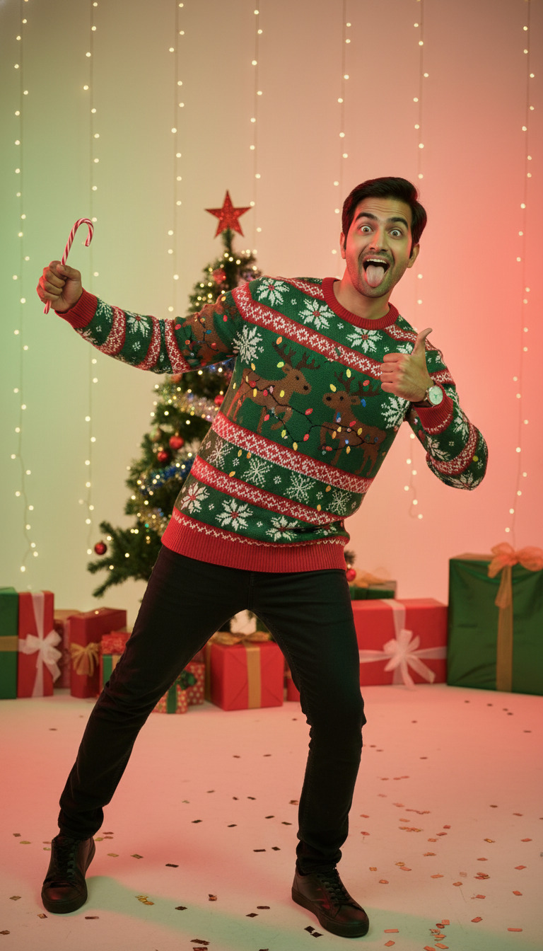 View Ugly Sweater Goofy Shot - AI transformation template example full size Ugly Sweater Goofy Shot - AI transformation template example