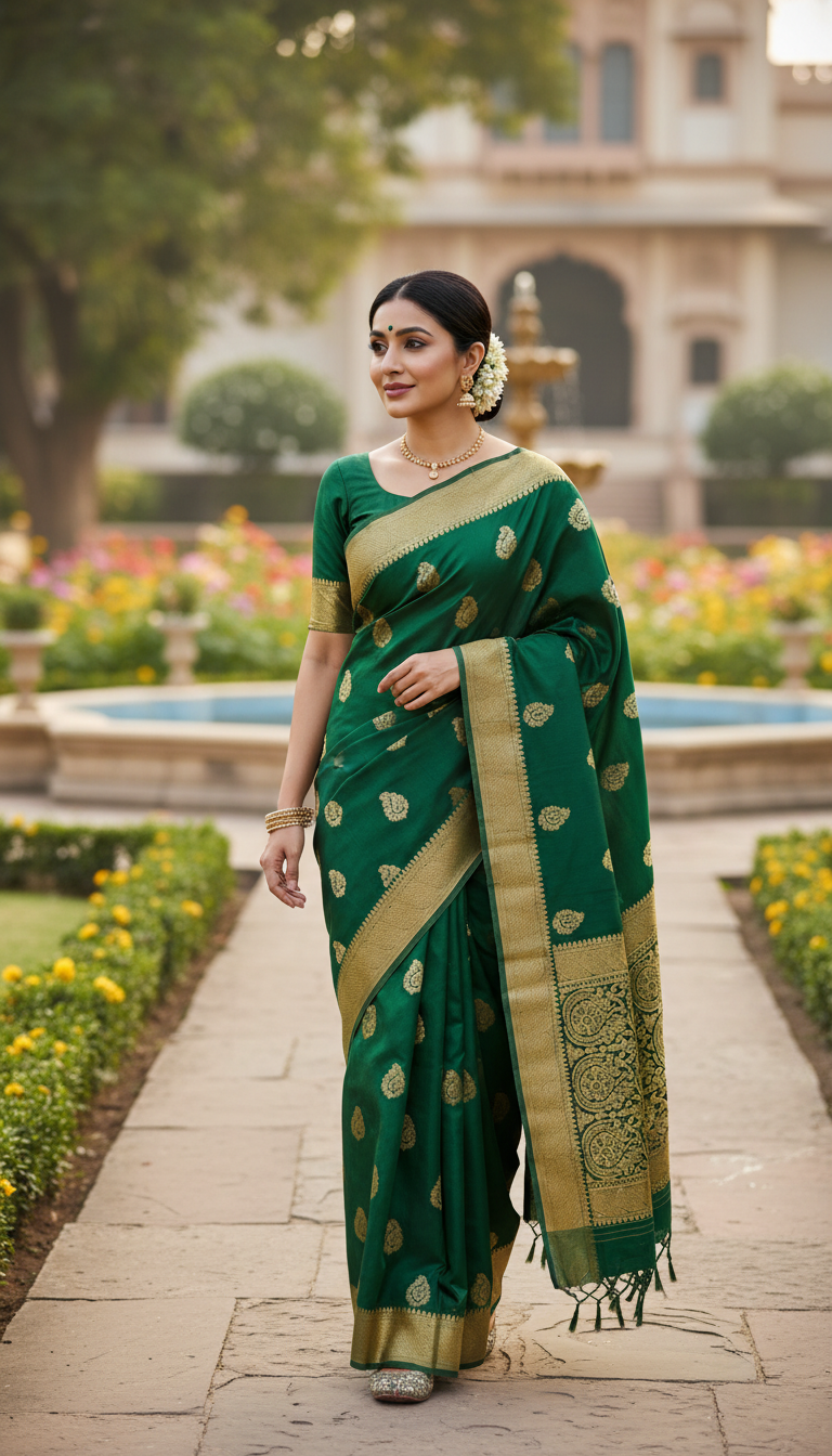 View Venkatagiri Silk Saree in Palace Garden - AI transformation template example full size Venkatagiri Silk Saree in Palace Garden - AI transformation template example