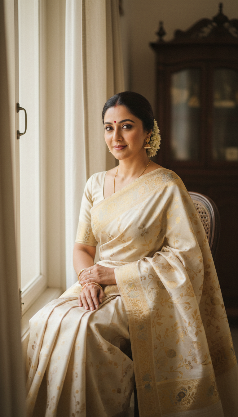 View Venkatagiri Saree by Window with Soft Light - AI transformation template example full size Venkatagiri Saree by Window with Soft Light - AI transformation template example