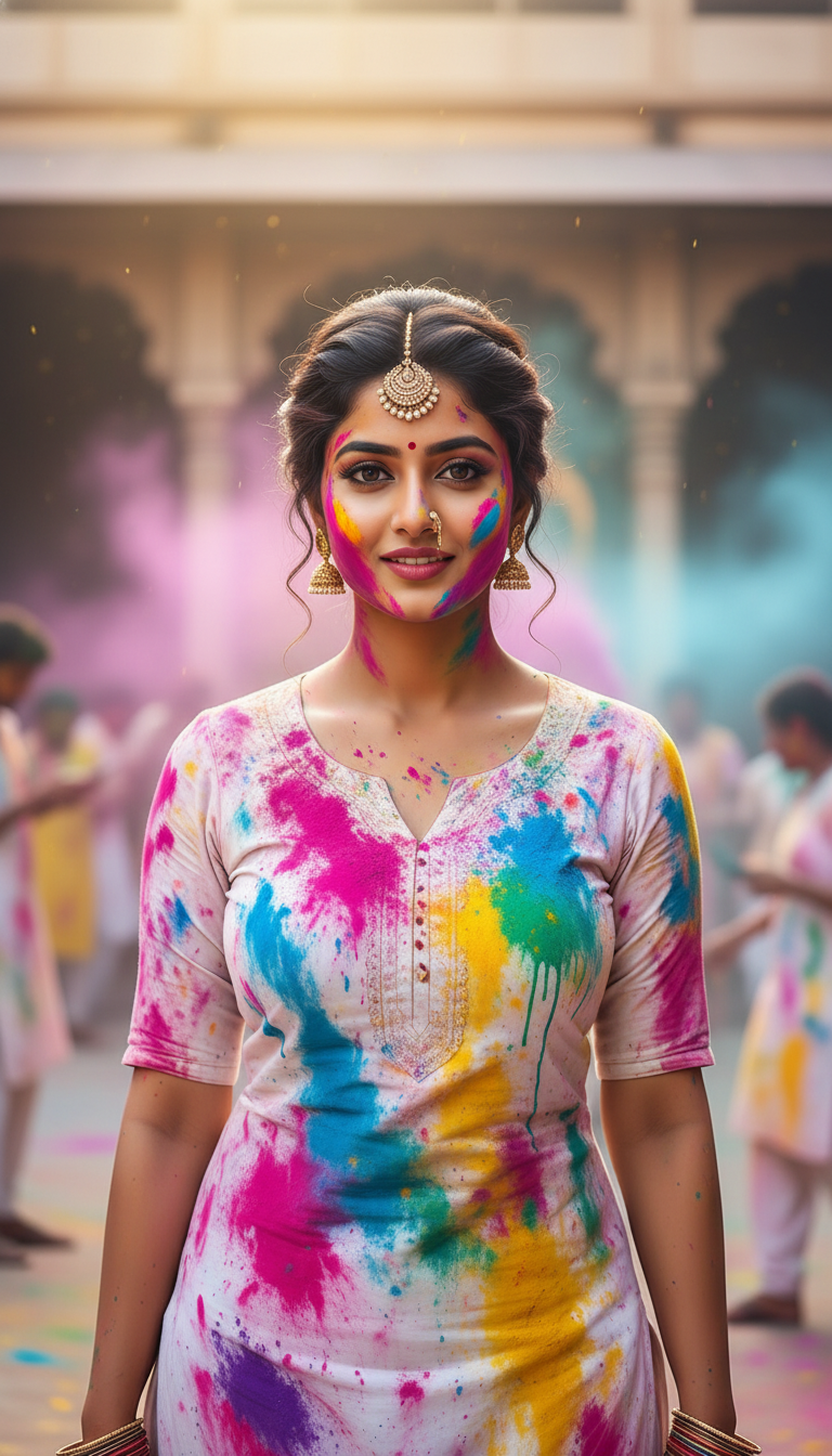 White Kurta Holi - AI transformation template example