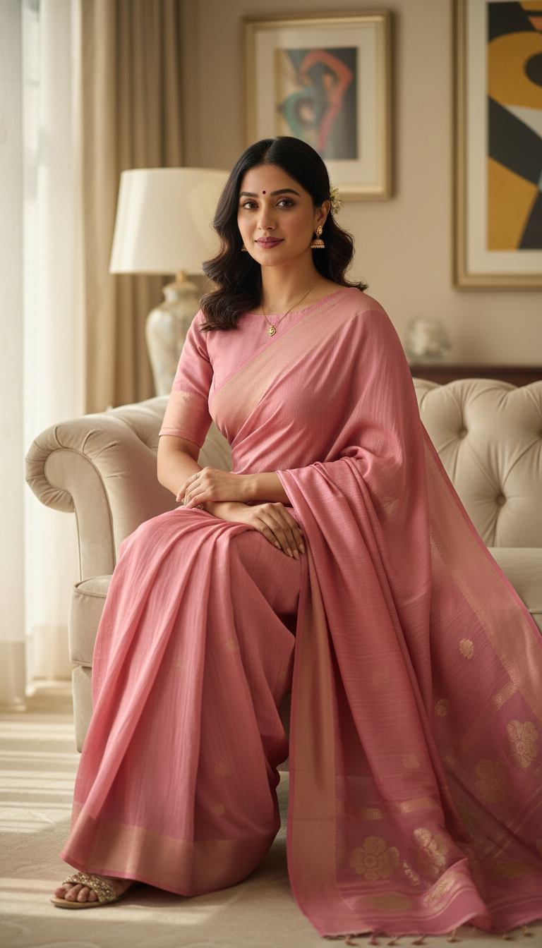 View Woman Seated on Sofa in Elegant Crepe Saree - AI transformation template example full size Woman Seated on Sofa in Elegant Crepe Saree - AI transformation template example
