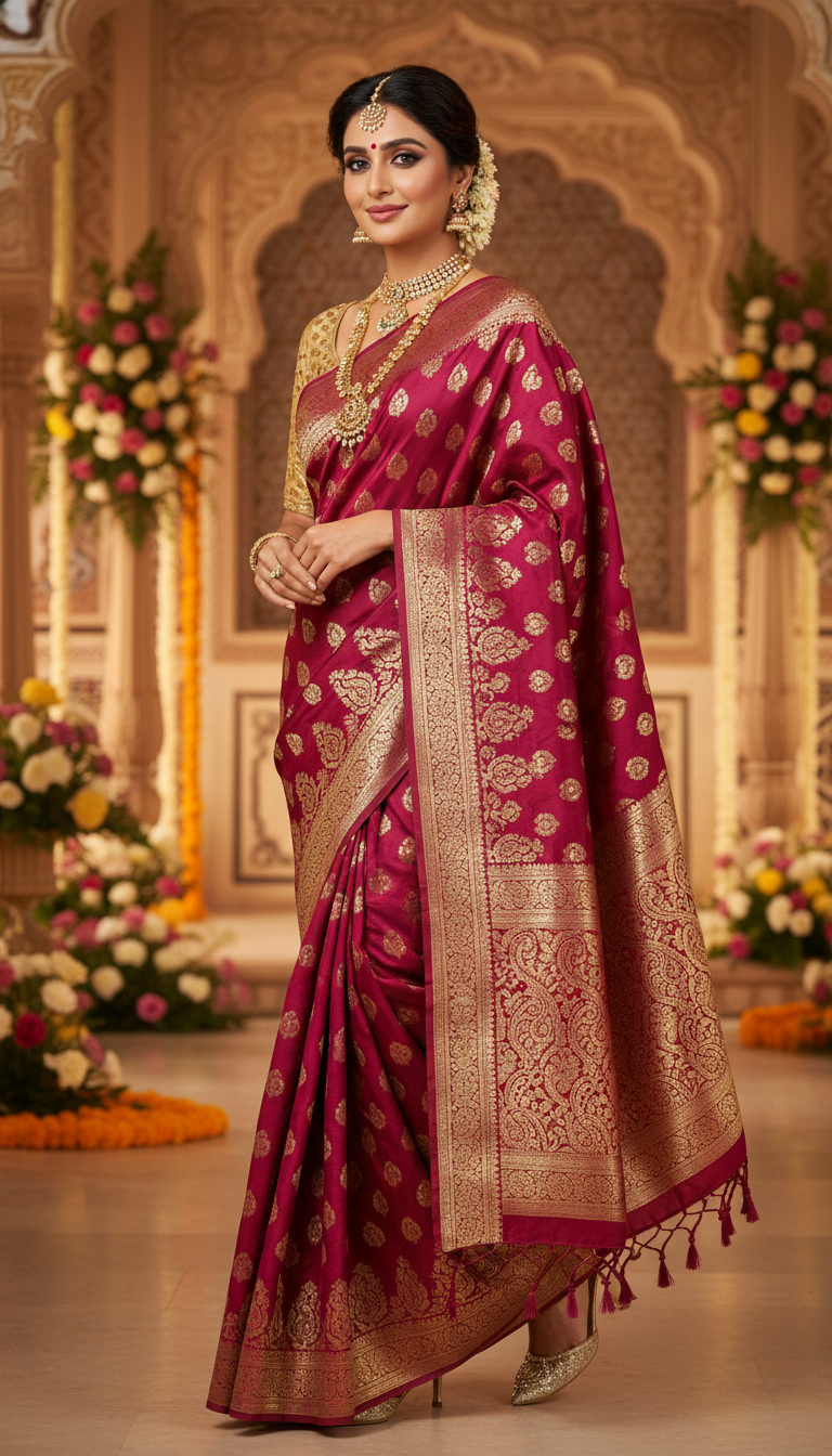 View Opulent Zari Saree Walk at Grand Indian Ceremony - AI transformation template example full size Opulent Zari Saree Walk at Grand Indian Ceremony - AI transformation template example